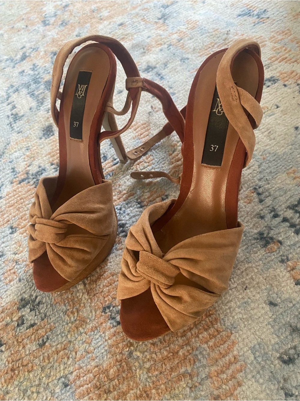 Mango Tan Suede Knot Front Ankle Strap Heels